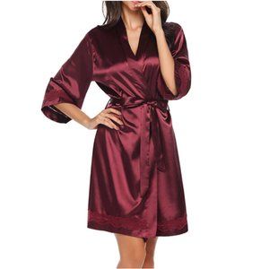Kimono Robe with Lace Trim - Nude